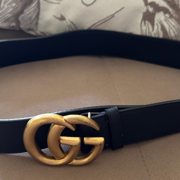 Black Leather Belt with Gold GG Buckle